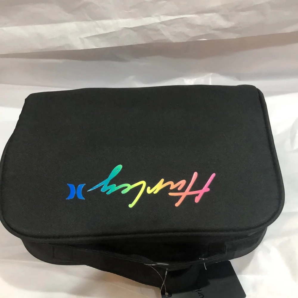 Hurley black large fold over zip‎ around travel beauty makeup case bag new